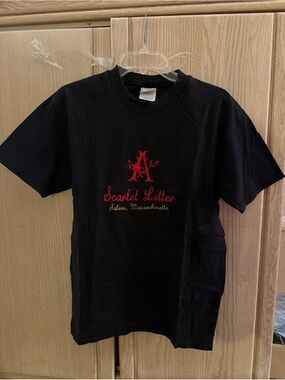 Scarlet Letter Black T‑Shirt with Red Logo from Salem, Mass.